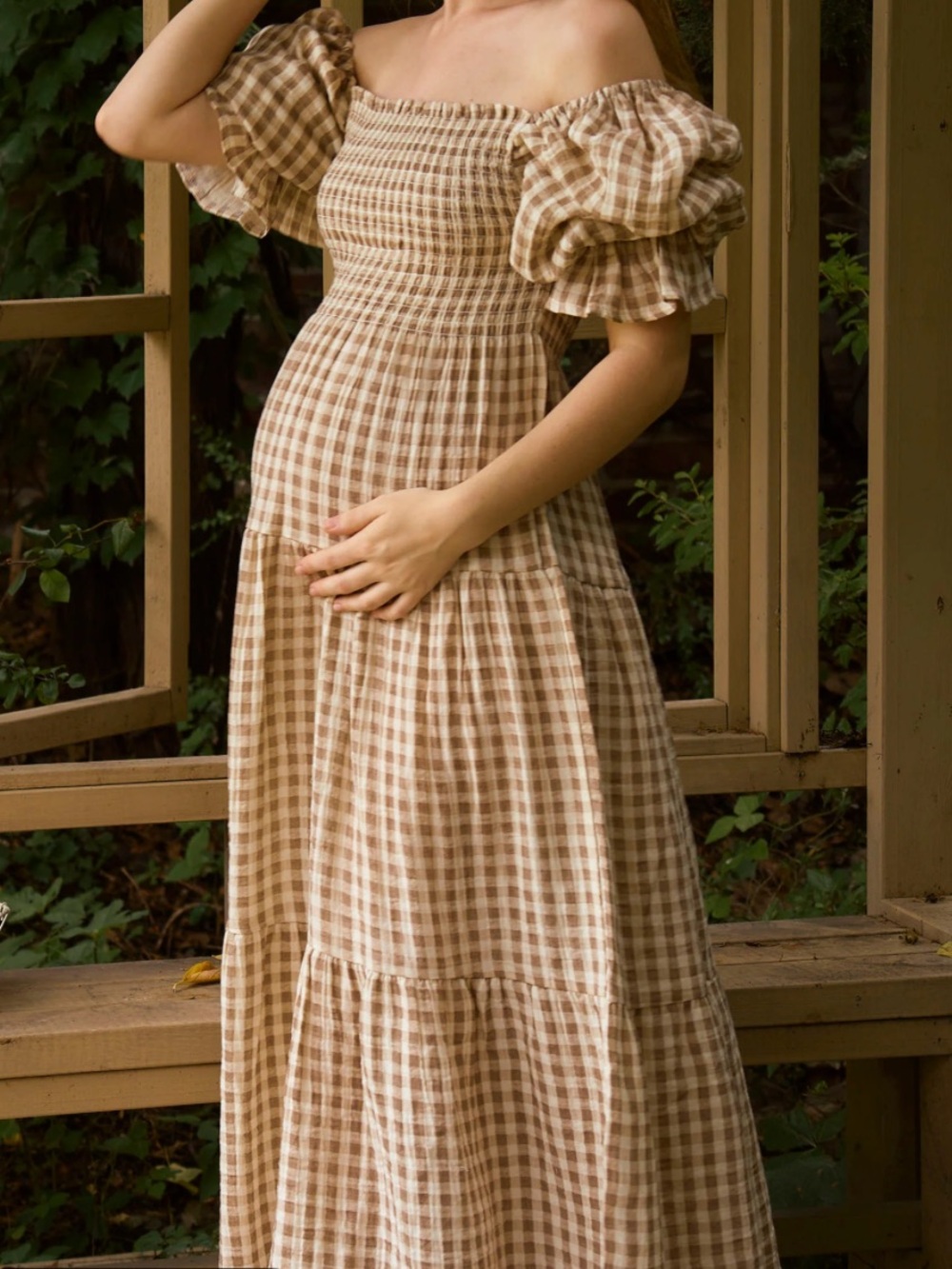 Nothing Fits But Kiko Dress Gingham Smocked Midi Dress with Puff Sleeves - Beige